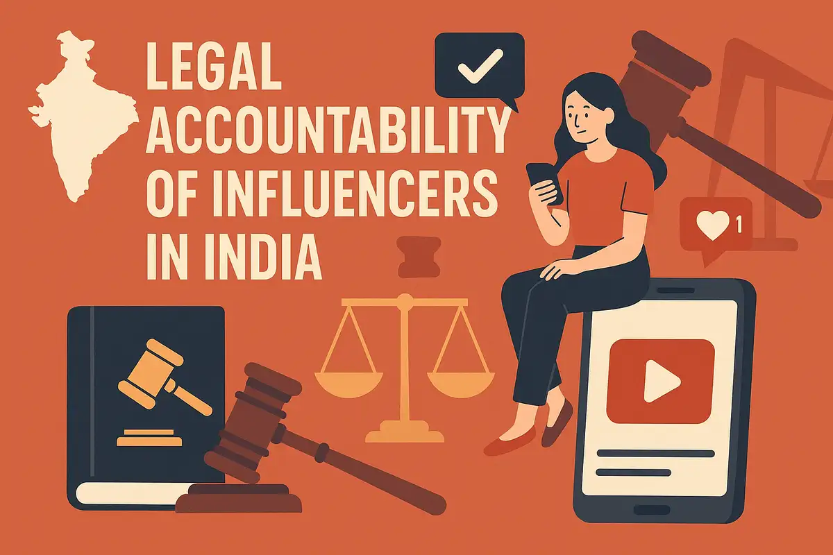 Blindfolded lady justice, scales, and gavel beside a smiling person on a smartphone. Text: Influencer Marketing and Consumer Protection in India.