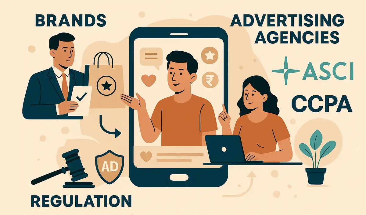 Man with document and woman with laptop discuss in front of a large phone screen. Text reads: BRANDS, ADVERTISING AGENCIES, ASCI, CCPA, REGULATION.