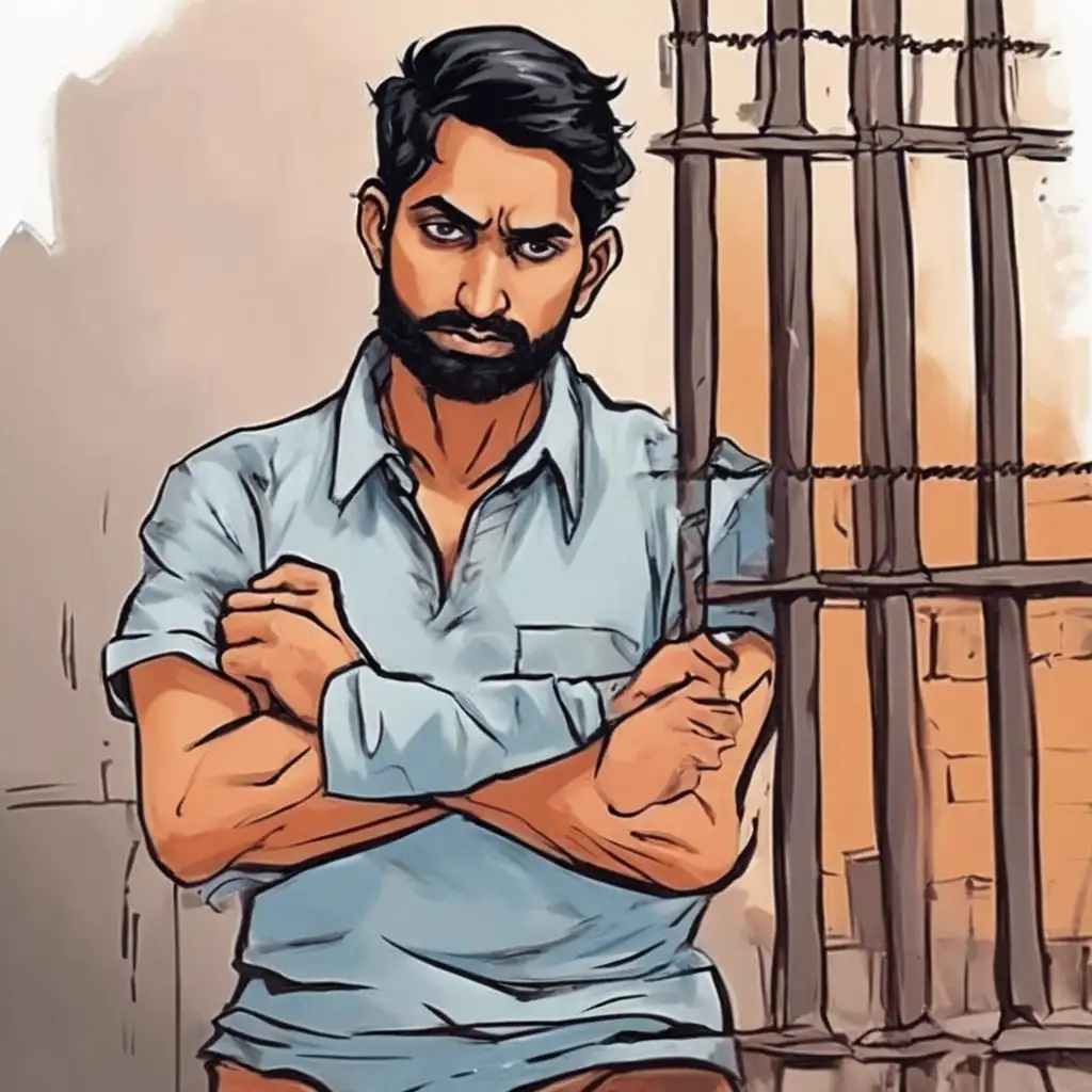 Man with crossed arms stands in front of prison bars, wearing a light blue shirt. He looks serious, with a neutral brown background.