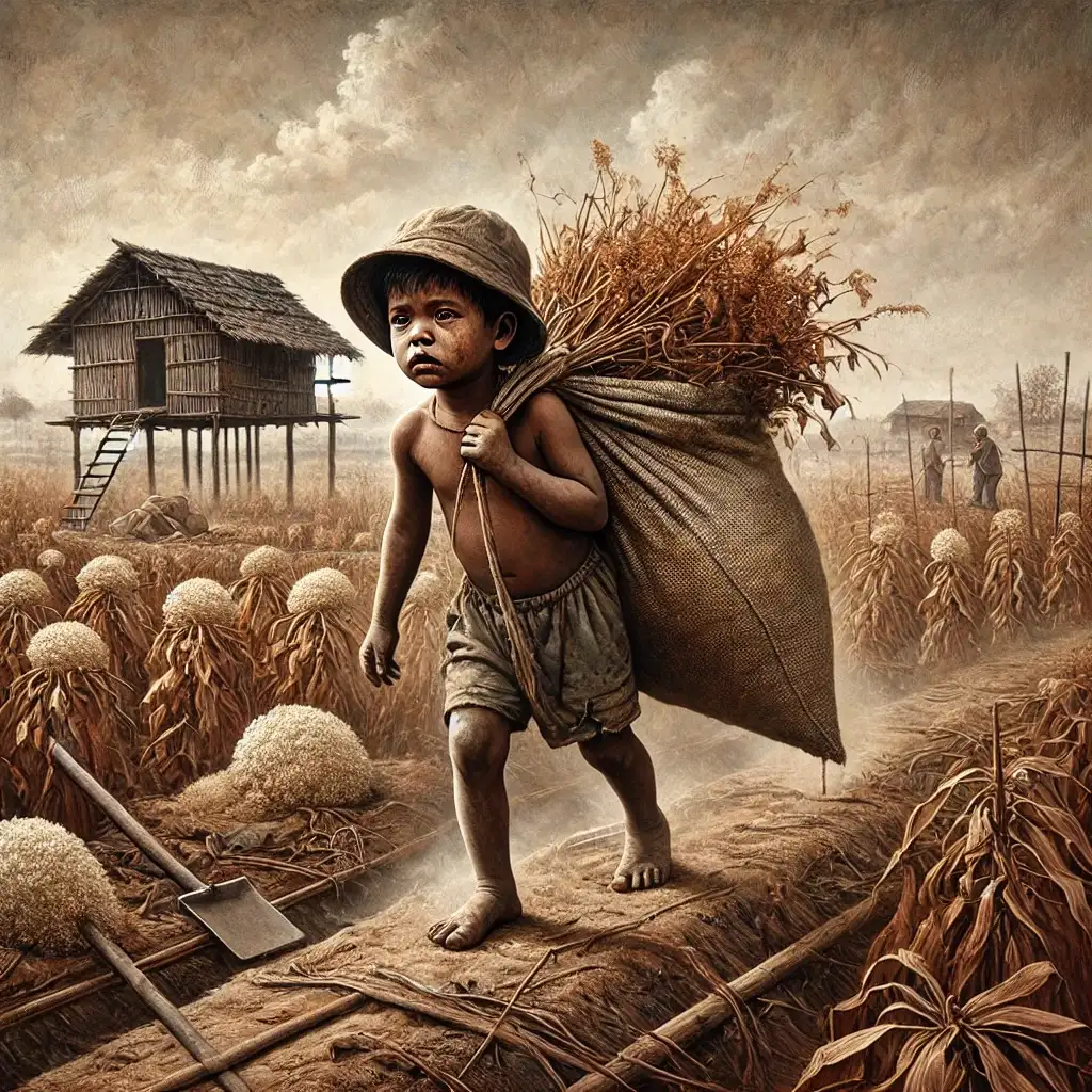 A young boy carries a large sack in a sepia-toned field. A wooden hut on stilts is behind him, with people working in the distance. Rustic mood.