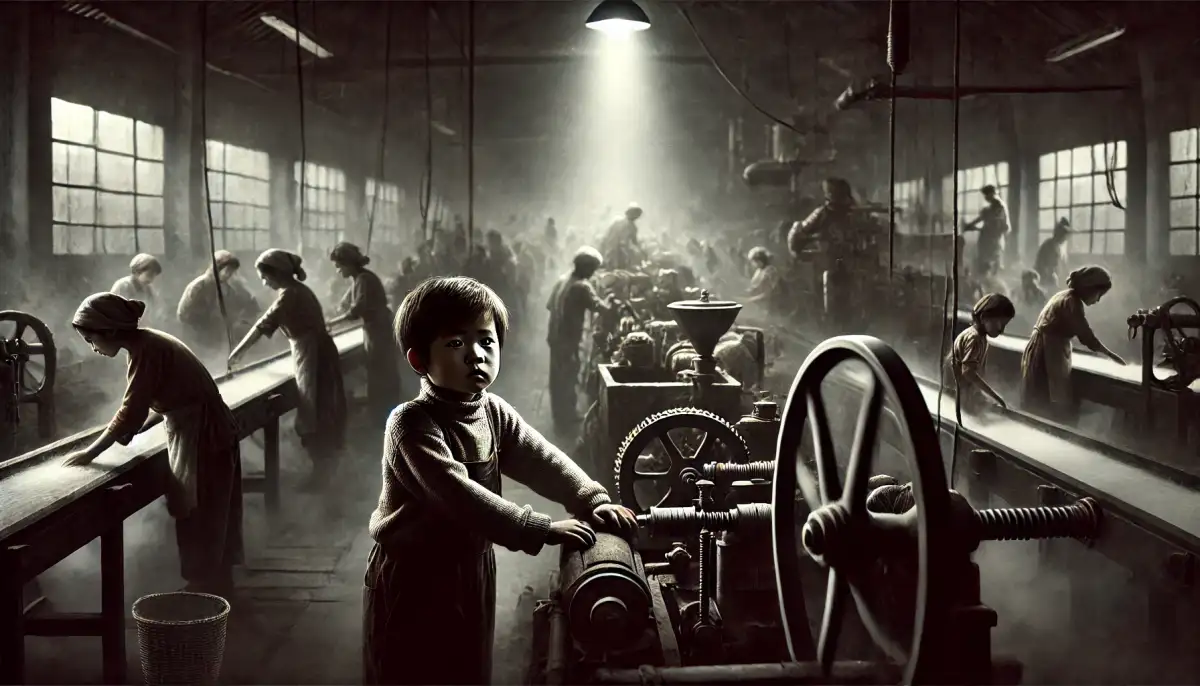 Young boy in a dim factory, surrounded by workers at machines. Dusty, grayscale setting with large windows and a somber atmosphere.