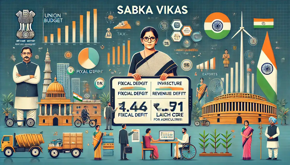 Illustration of Indian budget themes: a woman holding a fiscal deficit board, bar graphs, national symbols, flags, and diverse people.