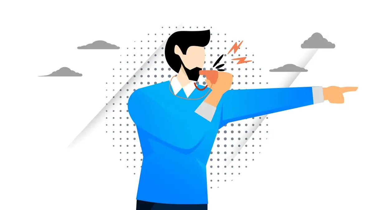 Illustration of a man in a blue sweater blowing a whistle and pointing. Background has gray clouds and dotted pattern. Energetic mood.
